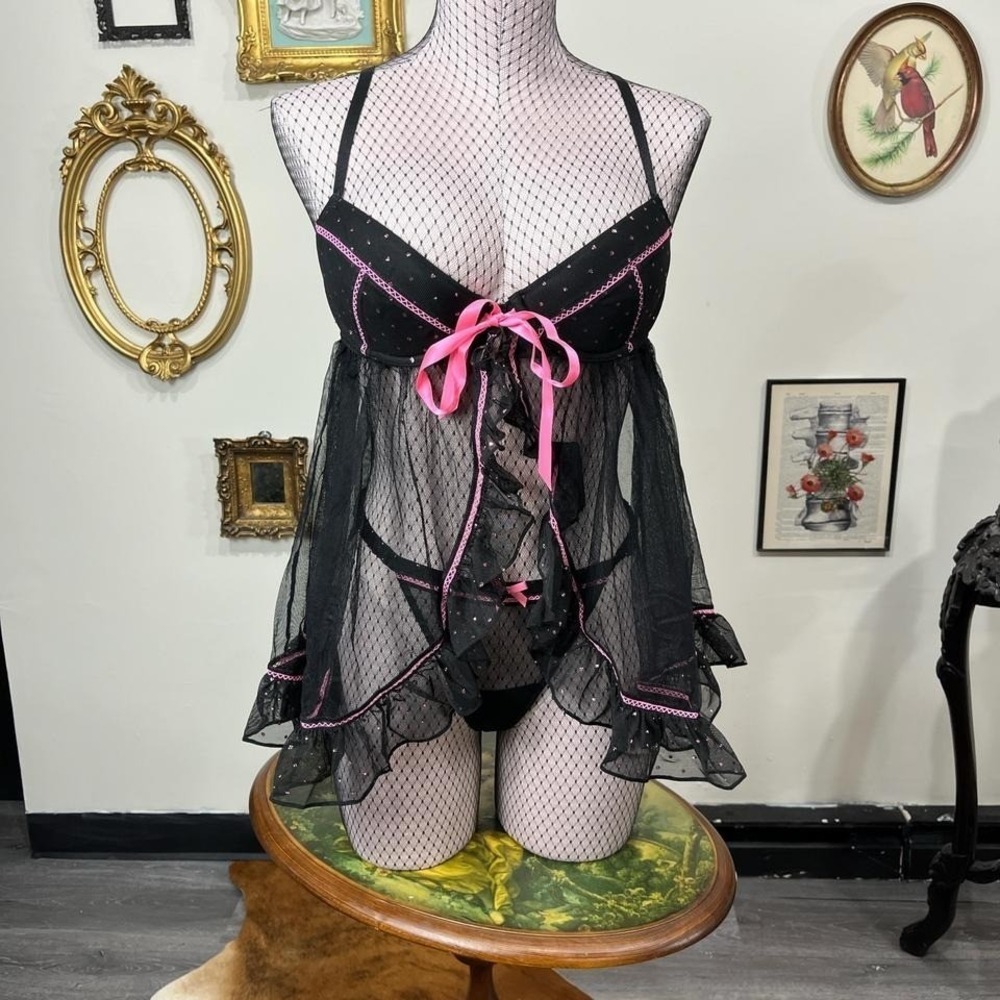 Y2K Victoria's Secret Black Glitter Mesh Babydoll Set with Pink Bow